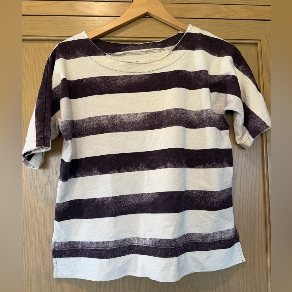 Madewell Cream and Deep Plum Striped Short Sleeve Top Cotton Tee SM